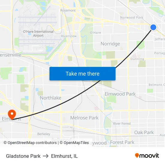 Gladstone Park to Elmhurst, IL map