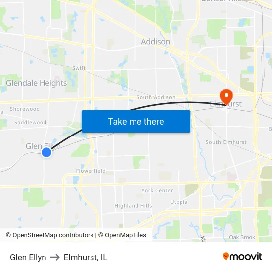 Glen Ellyn to Elmhurst, IL map