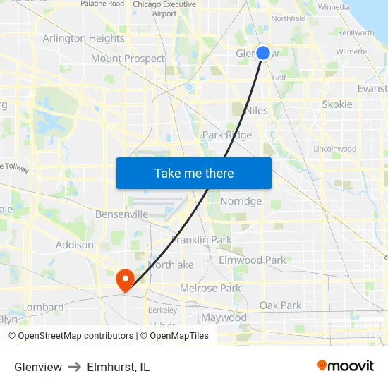 Glenview to Elmhurst, IL map