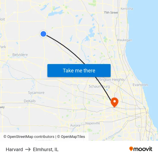 Harvard to Elmhurst, IL map