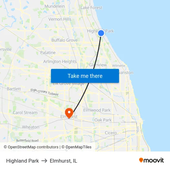 Highland Park to Elmhurst, IL map