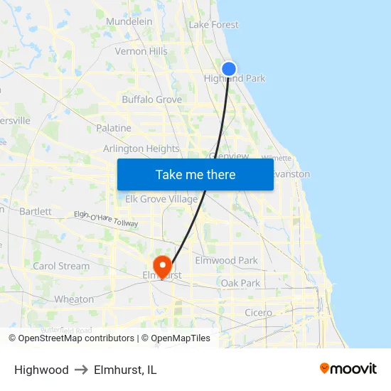 Highwood to Elmhurst, IL map
