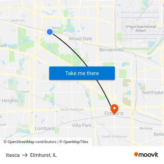 Itasca to Elmhurst, IL map