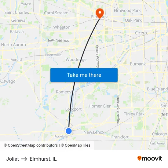 Joliet to Elmhurst, IL map