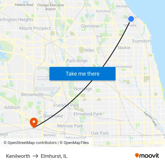 Kenilworth to Elmhurst, IL map