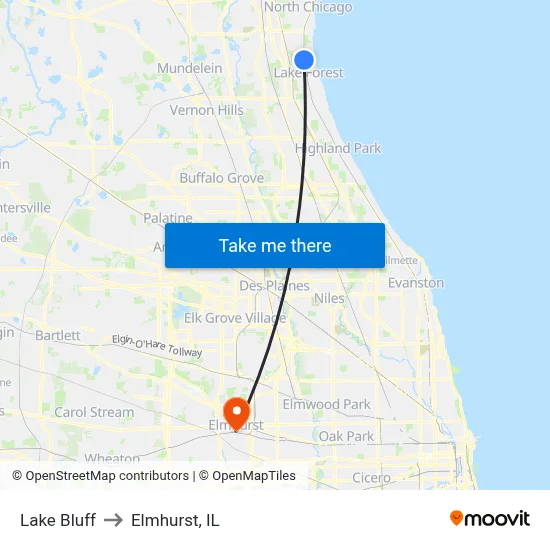 Lake Bluff to Elmhurst, IL map