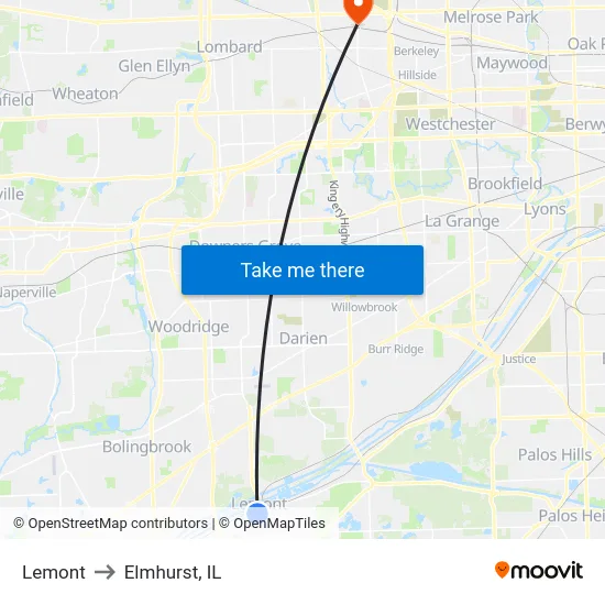 Lemont to Elmhurst, IL map