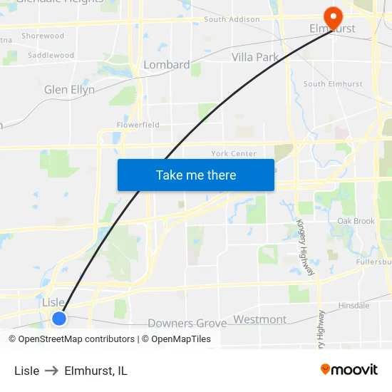 Lisle to Elmhurst, IL map