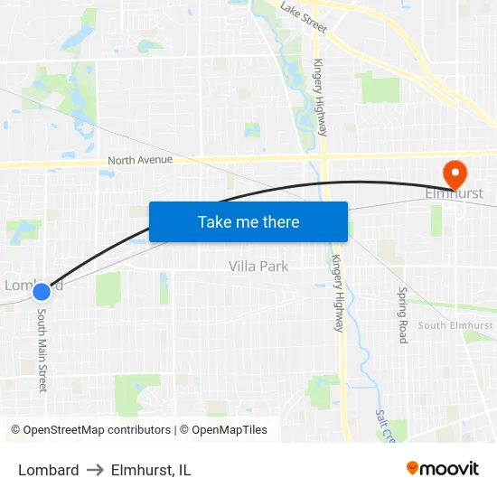 Lombard to Elmhurst, IL map