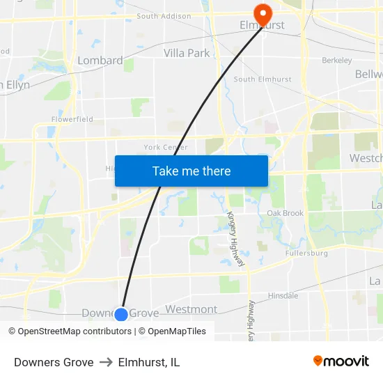 Downers Grove to Elmhurst, IL map