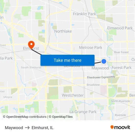 Maywood to Elmhurst, IL map