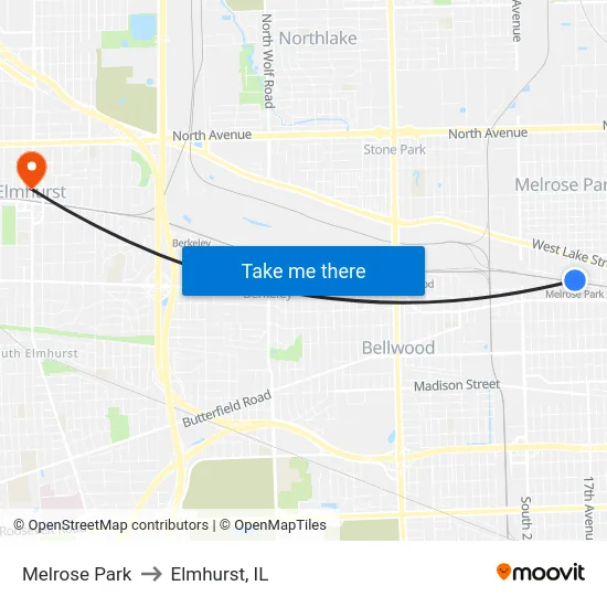 Melrose Park to Elmhurst, IL map