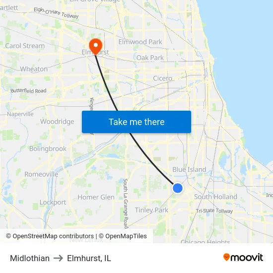 Midlothian to Elmhurst, IL map