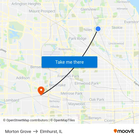 Morton Grove to Elmhurst, IL map