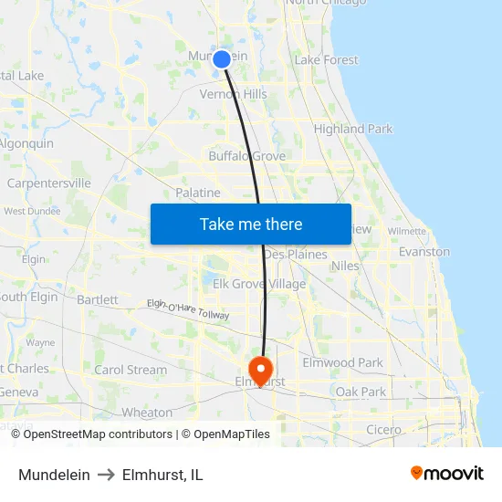 Mundelein to Elmhurst, IL map