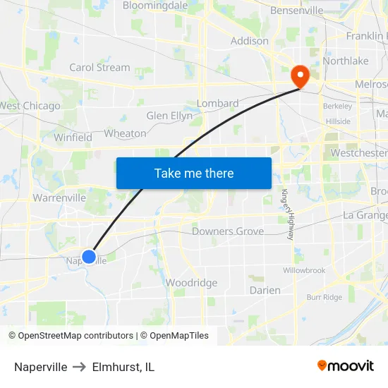 Naperville to Elmhurst, IL map