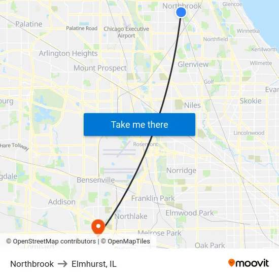 Northbrook to Elmhurst, IL map