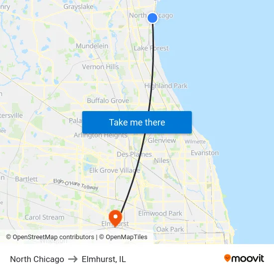 North Chicago to Elmhurst, IL map