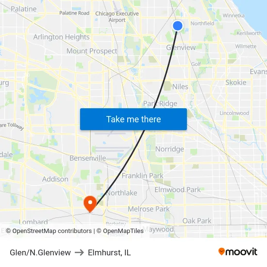 Glen/N.Glenview to Elmhurst, IL map