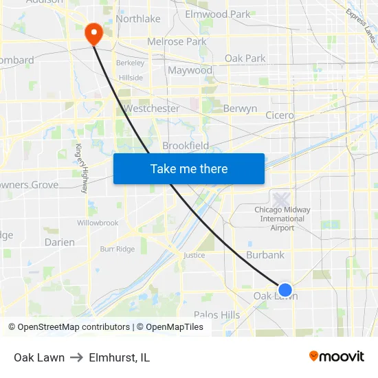 Oak Lawn to Elmhurst, IL map
