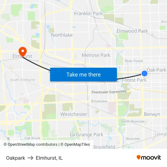 Oakpark to Elmhurst, IL map
