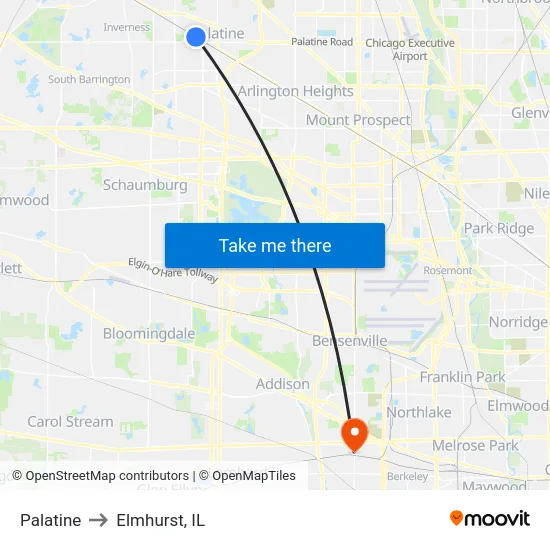 Palatine to Elmhurst, IL map