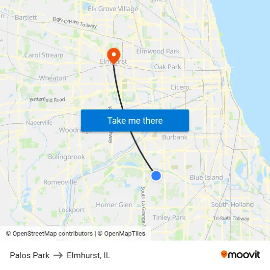 Palos Park to Elmhurst, IL map