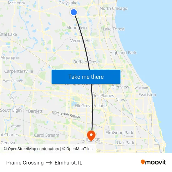 Prairie Crossing to Elmhurst, IL map