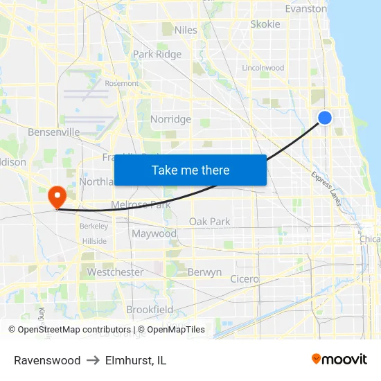 Ravenswood to Elmhurst, IL map
