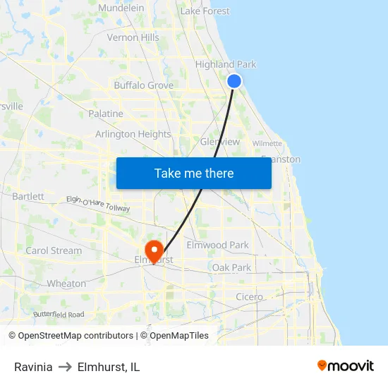 Ravinia to Elmhurst, IL map
