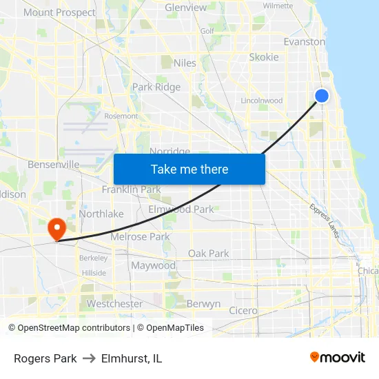 Rogers Park to Elmhurst, IL map