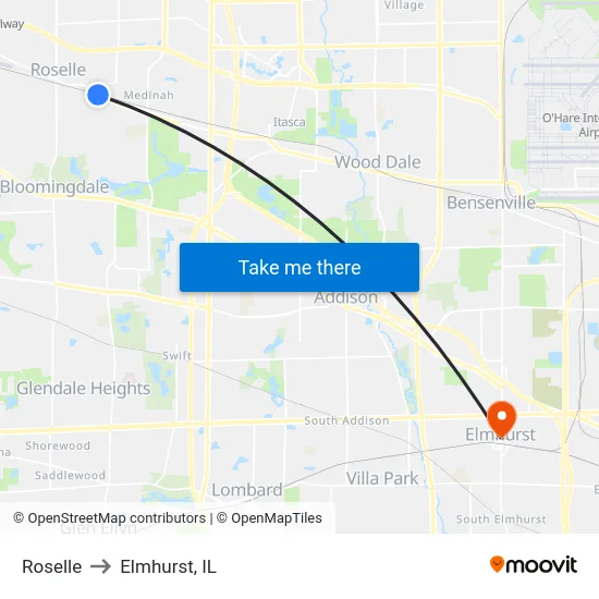 Roselle to Elmhurst, IL map