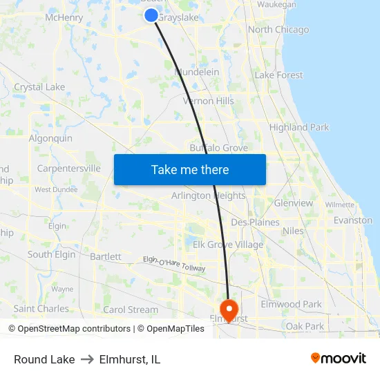 Round Lake to Elmhurst, IL map
