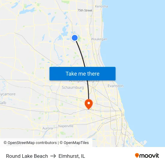 Round Lake Beach to Elmhurst, IL map