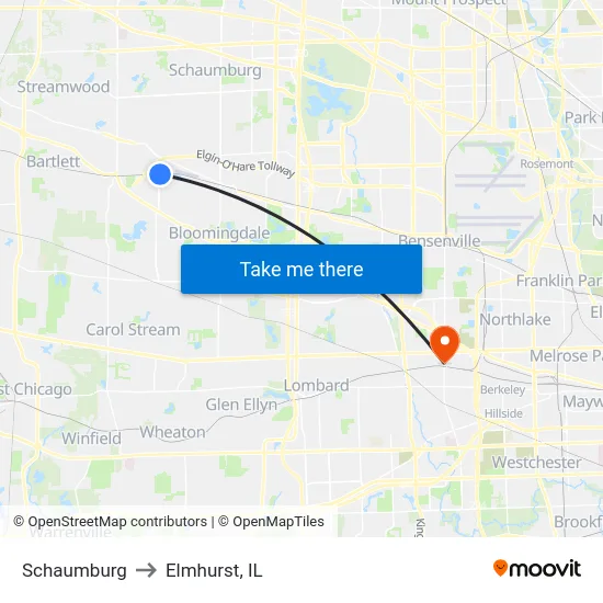 Schaumburg to Elmhurst, IL map