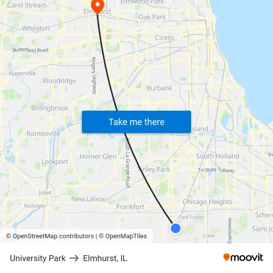 University Park to Elmhurst, IL map