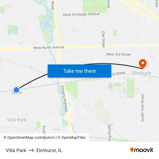 Villa Park to Elmhurst, IL map