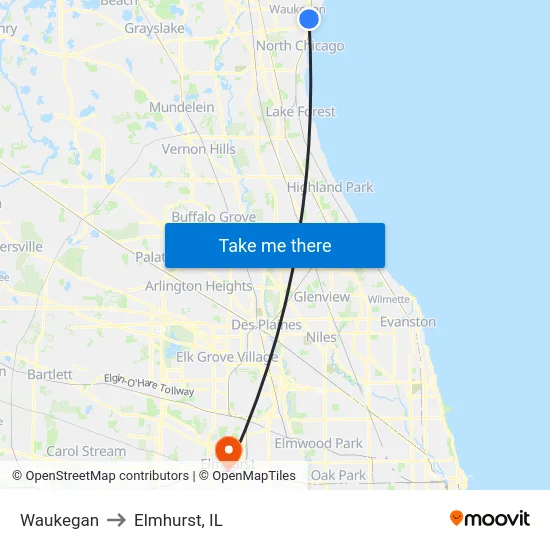Waukegan to Elmhurst, IL map