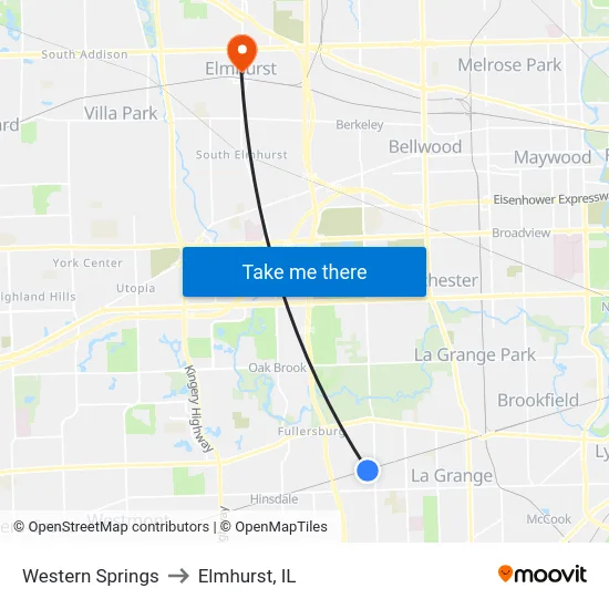 Western Springs to Elmhurst, IL map