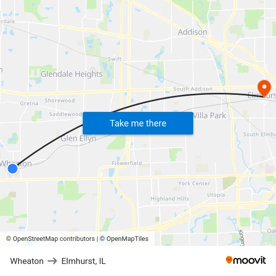 Wheaton to Elmhurst, IL map