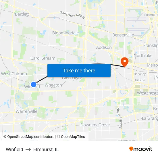 Winfield to Elmhurst, IL map