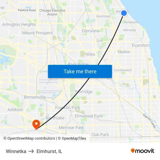 Winnetka to Elmhurst, IL map