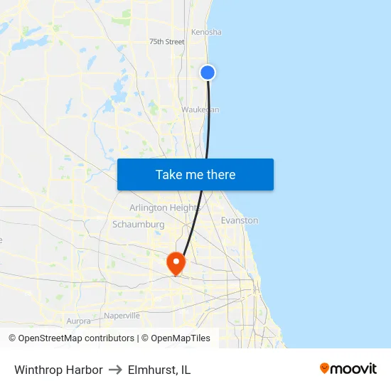 Winthrop Harbor to Elmhurst, IL map