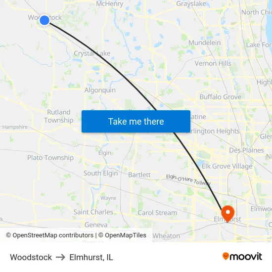 Woodstock to Elmhurst, IL map
