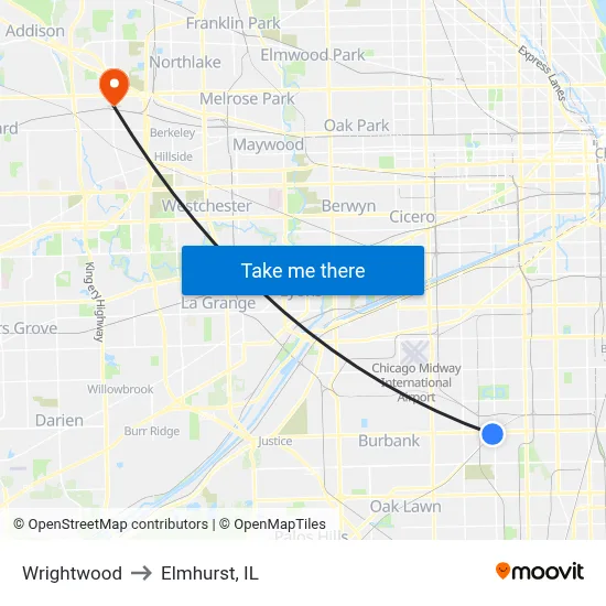 Wrightwood to Elmhurst, IL map