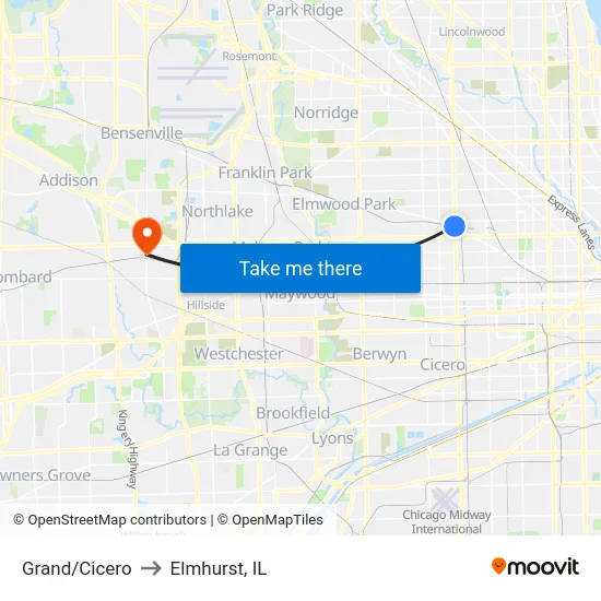 Grand/Cicero to Elmhurst, IL map