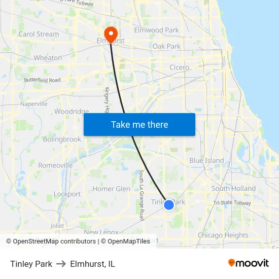 Tinley Park to Elmhurst, IL map