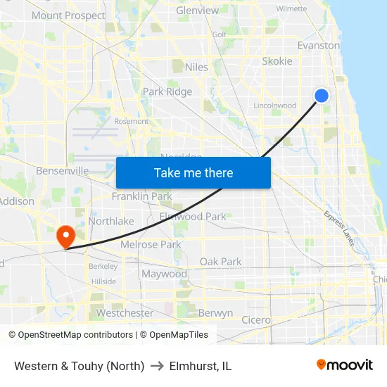 Western & Touhy (North) to Elmhurst, IL map