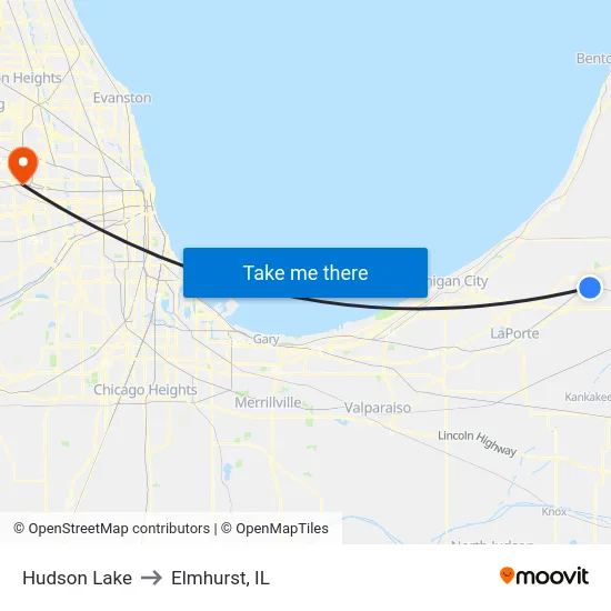 Hudson Lake to Elmhurst, IL map