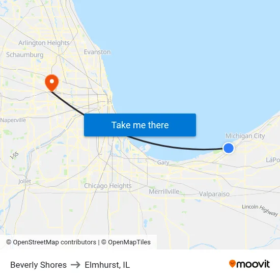 Beverly Shores to Elmhurst, IL map